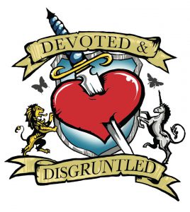devoted and disgruntled logo - a red heart with a dagger through the centre. A lion and a unicorn are holding either side of the heart.